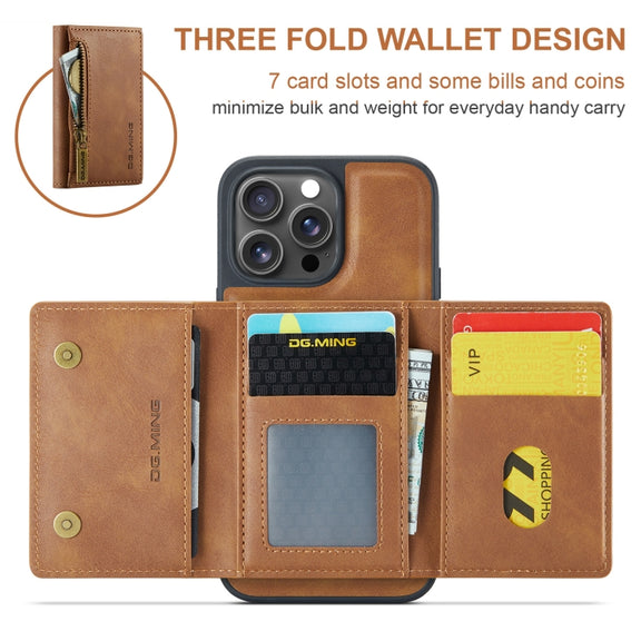 For iPhone 16 Pro Max DG.MING M5 Series Zip RFID Multi Card Detachable Leather Phone Case(Brown)