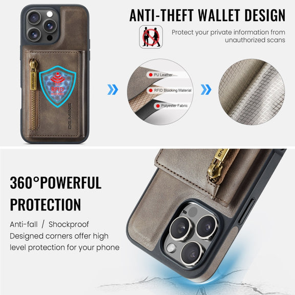 For iPhone 16 Pro Max DG.MING M5 Series Zip RFID Multi Card Detachable Leather Phone Case(Coffee)
