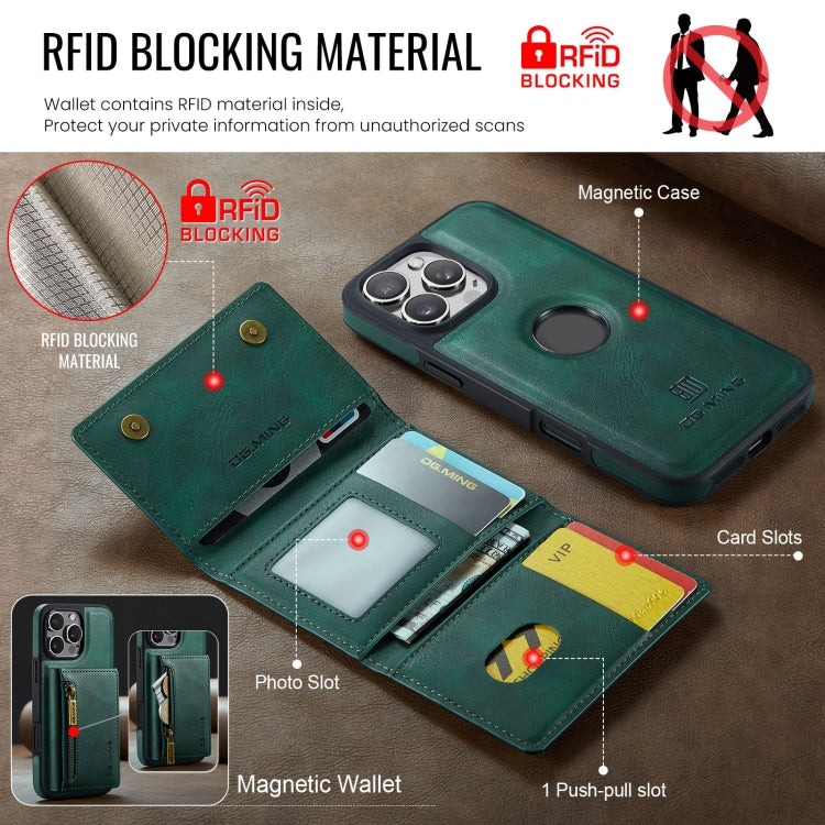 For iPhone 16 Pro Max DG.MING M5 Series Zip RFID Multi Card Detachable Leather Phone Case(Green)