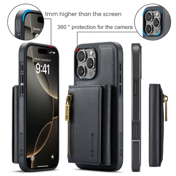 For iPhone 16 Pro DG.MING M5 Series Zip RFID Multi Card Detachable Leather Phone Case(Black)