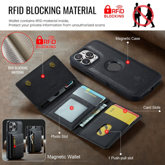 For iPhone 16 Pro DG.MING M5 Series Zip RFID Multi Card Detachable Leather Phone Case(Black)