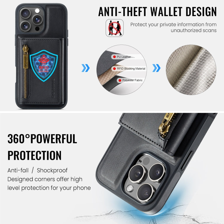 For iPhone 16 Pro DG.MING M5 Series Zip RFID Multi Card Detachable Leather Phone Case(Black)