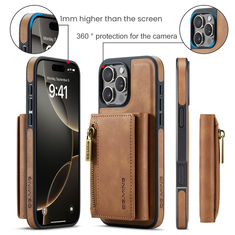 For iPhone 16 Pro DG.MING M5 Series Zip RFID Multi Card Detachable Leather Phone Case(Brown)