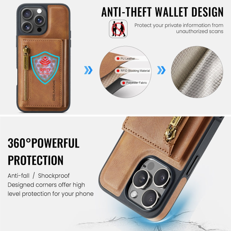 For iPhone 16 Pro DG.MING M5 Series Zip RFID Multi Card Detachable Leather Phone Case(Brown)