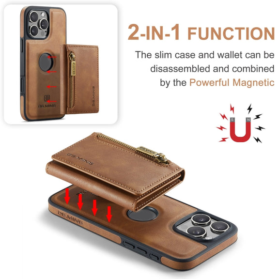 For iPhone 16 Pro DG.MING M5 Series Zip RFID Multi Card Detachable Leather Phone Case(Brown)