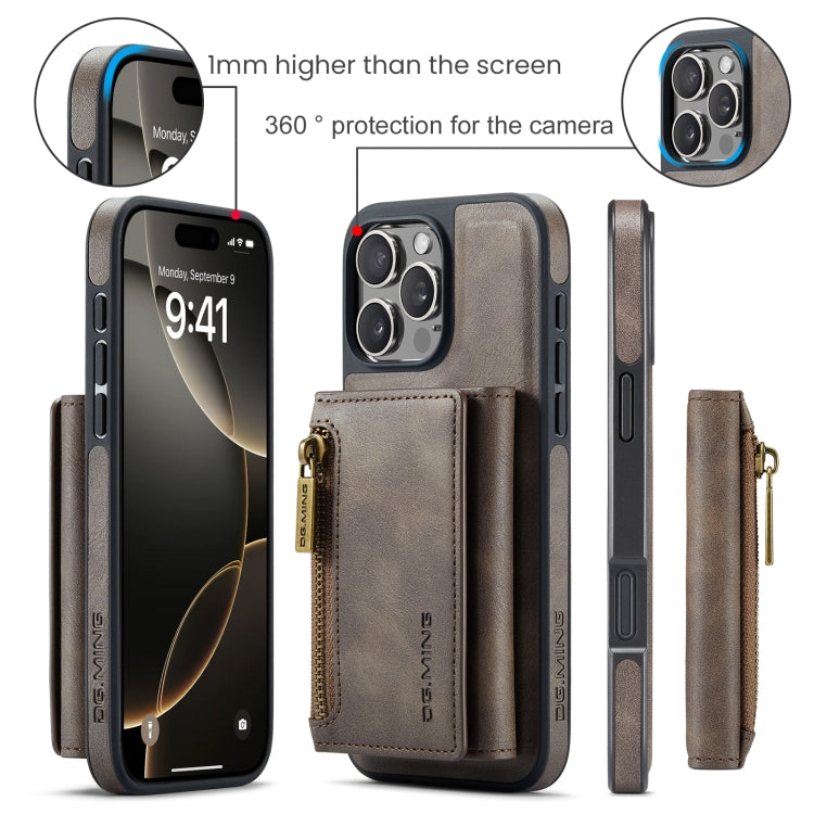 For iPhone 16 Pro DG.MING M5 Series Zip RFID Multi Card Detachable Leather Phone Case(Coffee)