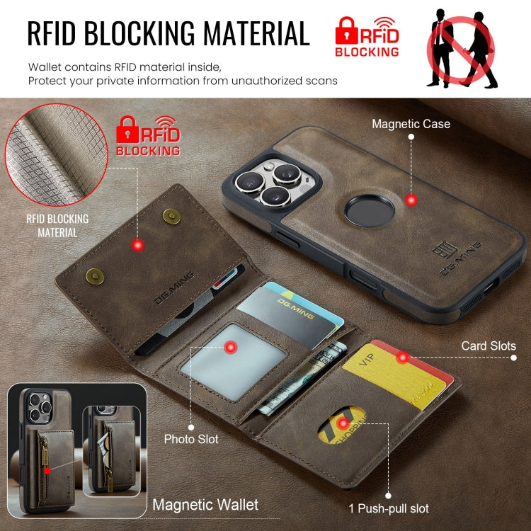 For iPhone 16 Pro DG.MING M5 Series Zip RFID Multi Card Detachable Leather Phone Case(Coffee)