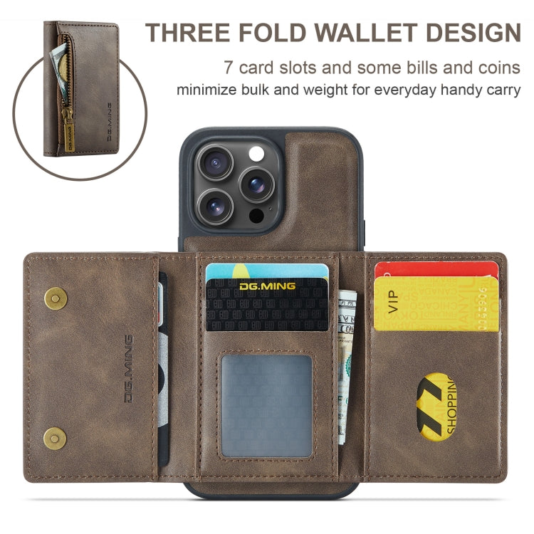 For iPhone 16 Pro DG.MING M5 Series Zip RFID Multi Card Detachable Leather Phone Case(Coffee)
