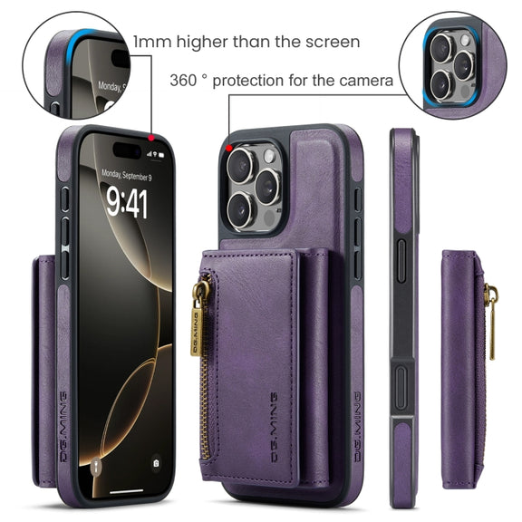 For iPhone 16 Pro DG.MING M5 Series Zip RFID Multi Card Detachable Leather Phone Case(Purple)