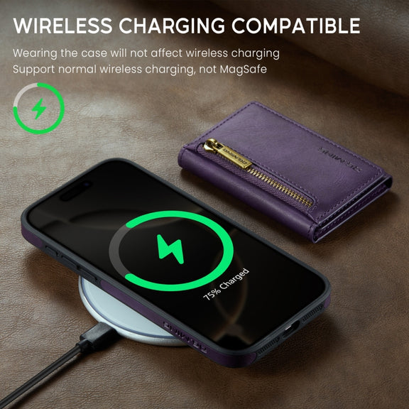 For iPhone 16 Pro DG.MING M5 Series Zip RFID Multi Card Detachable Leather Phone Case(Purple)