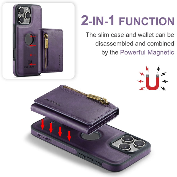 For iPhone 16 Pro DG.MING M5 Series Zip RFID Multi Card Detachable Leather Phone Case(Purple)