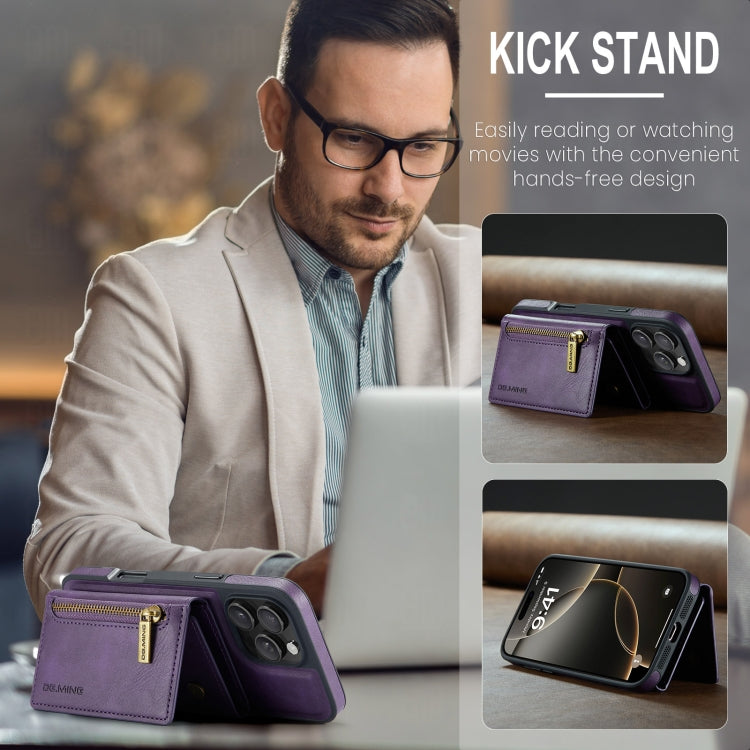 For iPhone 16 Pro DG.MING M5 Series Zip RFID Multi Card Detachable Leather Phone Case(Purple)
