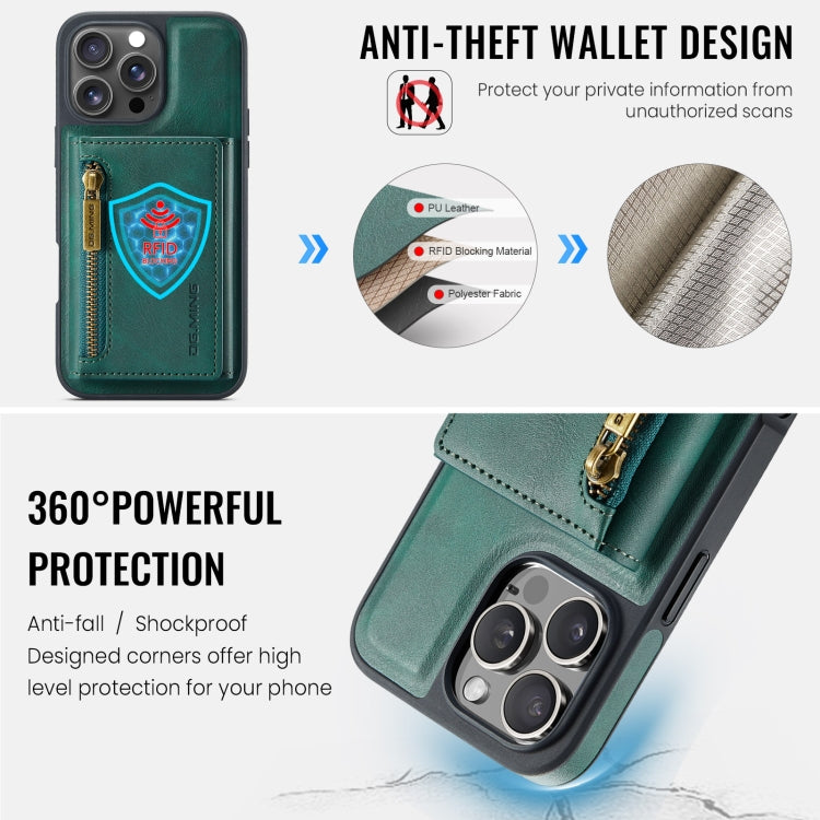 For iPhone 16 Pro DG.MING M5 Series Zip RFID Multi Card Detachable Leather Phone Case(Green)