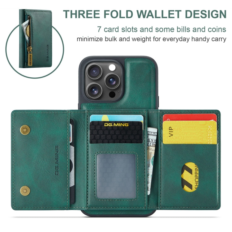 For iPhone 16 Pro DG.MING M5 Series Zip RFID Multi Card Detachable Leather Phone Case(Green)
