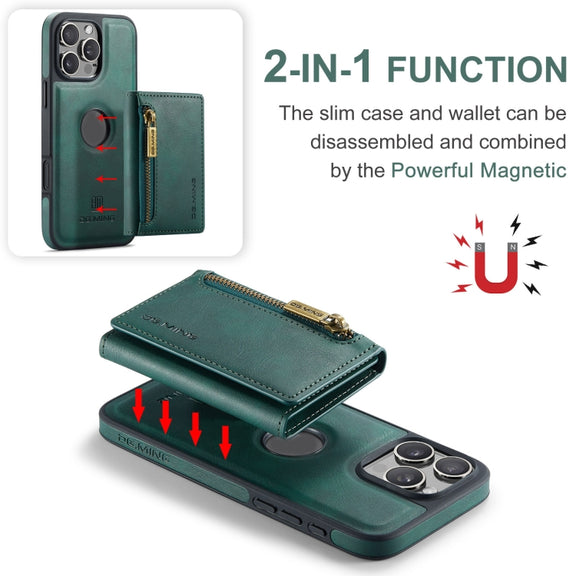 For iPhone 16 Pro DG.MING M5 Series Zip RFID Multi Card Detachable Leather Phone Case(Green)