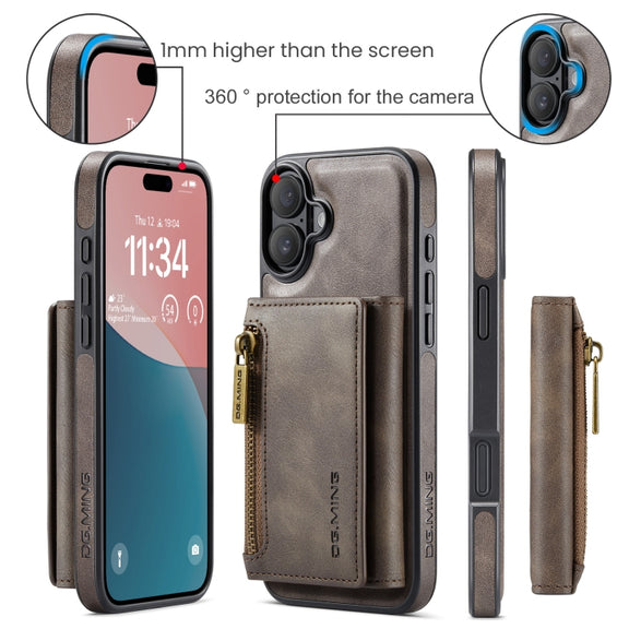 For iPhone 16 Plus DG.MING M5 Series Zip RFID Multi Card Detachable Leather Phone Case(Coffee)