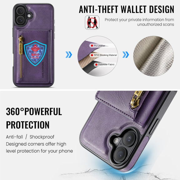 For iPhone 16 Plus DG.MING M5 Series Zip RFID Multi Card Detachable Leather Phone Case(Purple)