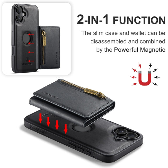 For iPhone 16 DG.MING M5 Series Zip RFID Multi Card Detachable Leather Phone Case(Black)