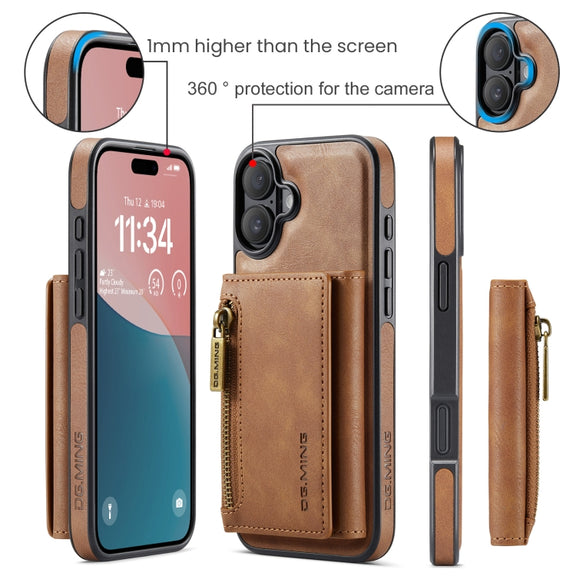 For iPhone 16 DG.MING M5 Series Zip RFID Multi Card Detachable Leather Phone Case(Brown)