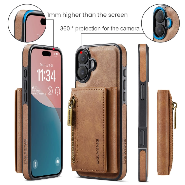 For iPhone 16 DG.MING M5 Series Zip RFID Multi Card Detachable Leather Phone Case(Brown)