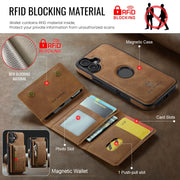 For iPhone 16 DG.MING M5 Series Zip RFID Multi Card Detachable Leather Phone Case(Brown)