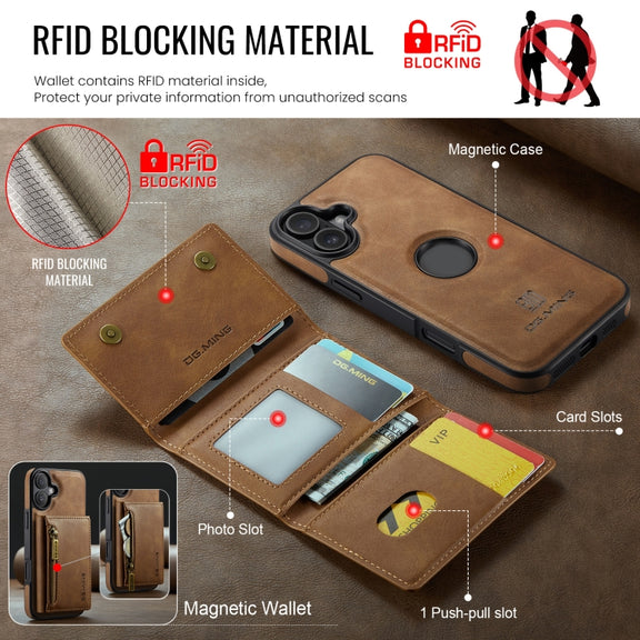 For iPhone 16 DG.MING M5 Series Zip RFID Multi Card Detachable Leather Phone Case(Brown)