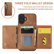 For iPhone 16 DG.MING M5 Series Zip RFID Multi Card Detachable Leather Phone Case(Brown)