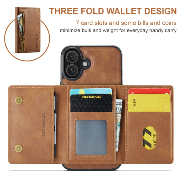 For iPhone 16 DG.MING M5 Series Zip RFID Multi Card Detachable Leather Phone Case(Brown)