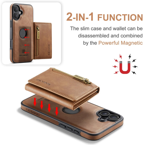 For iPhone 16 DG.MING M5 Series Zip RFID Multi Card Detachable Leather Phone Case(Brown)