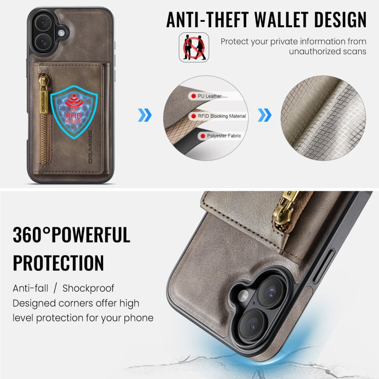 For iPhone 16 DG.MING M5 Series Zip RFID Multi Card Detachable Leather Phone Case(Coffee)