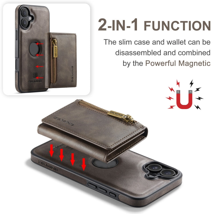 For iPhone 16 DG.MING M5 Series Zip RFID Multi Card Detachable Leather Phone Case(Coffee)