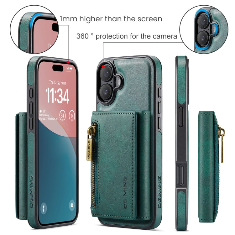 For iPhone 16 DG.MING M5 Series Zip RFID Multi Card Detachable Leather Phone Case(Green)