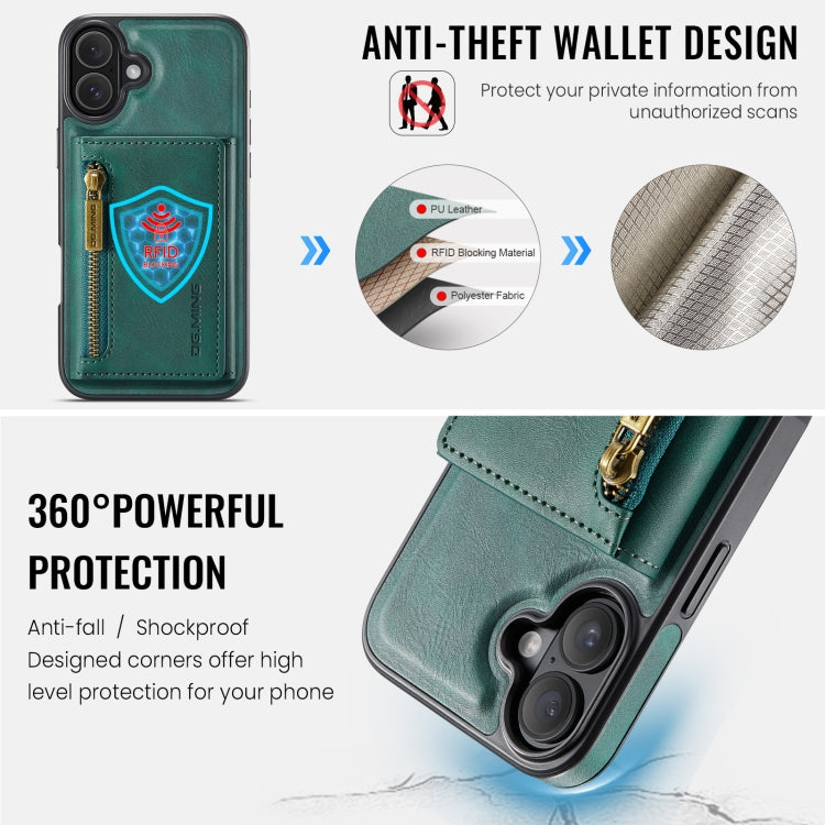 For iPhone 16 DG.MING M5 Series Zip RFID Multi Card Detachable Leather Phone Case(Green)
