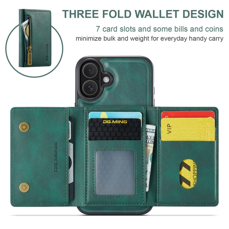 For iPhone 16 DG.MING M5 Series Zip RFID Multi Card Detachable Leather Phone Case(Green)