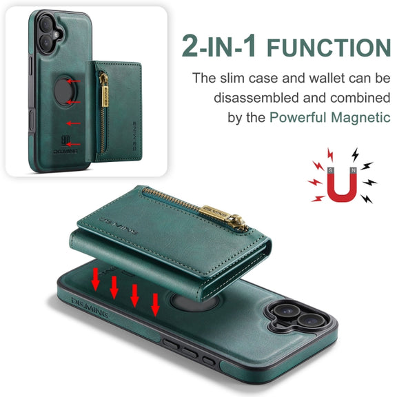 For iPhone 16 DG.MING M5 Series Zip RFID Multi Card Detachable Leather Phone Case(Green)