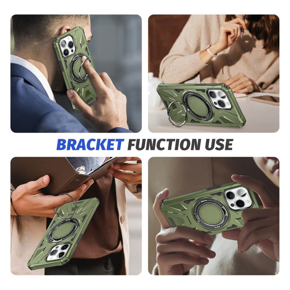 For iPhone 14 Plus MagSafe Magnetic Shockproof Phone Case with Ring Holder(Dark Green)
