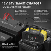 FOXSUR 12V / 24V 10A Portable Motorcycle Car Smart Battery Charger(US Plug)