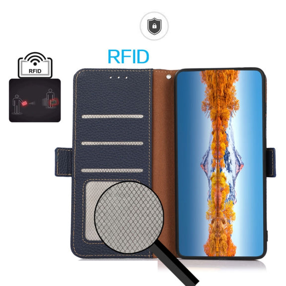 For Google Pixel 9 KHAZNEH Side-Magnetic Litchi Genuine Leather RFID Phone Case(Blue)