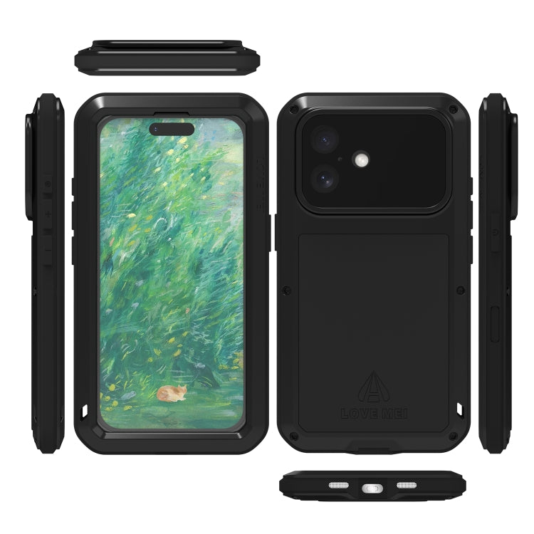 For iPhone 16 LOVE MEI Metal Shockproof Life Water-resistant Dustproof Phone Case(Black)