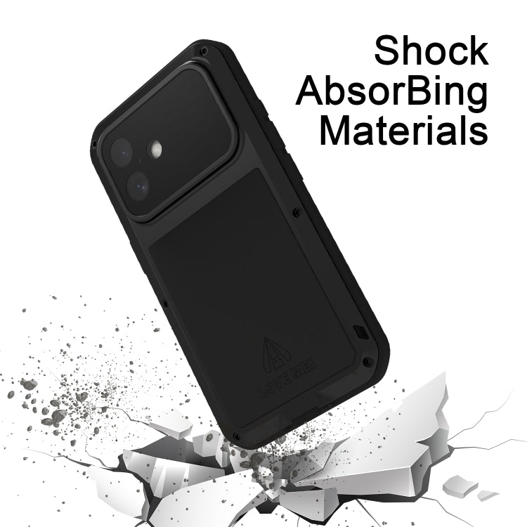 For iPhone 16 LOVE MEI Metal Shockproof Life Water-resistant Dustproof Phone Case(Black)