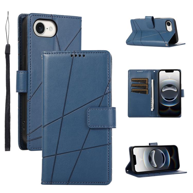 For iPhone 16e PU Genuine Leather Texture Embossed Line Phone Case(Blue)