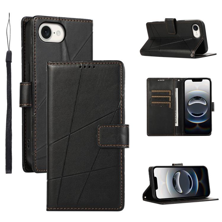 For iPhone 16e PU Genuine Leather Texture Embossed Line Phone Case(Black)