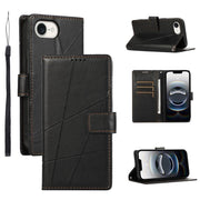 For iPhone 16e PU Genuine Leather Texture Embossed Line Phone Case(Black)