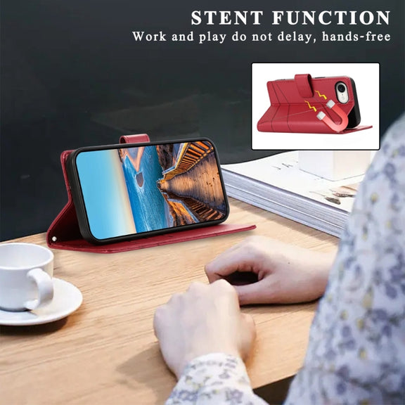 For iPhone 16e PU Genuine Leather Texture Embossed Line Phone Case(Red)