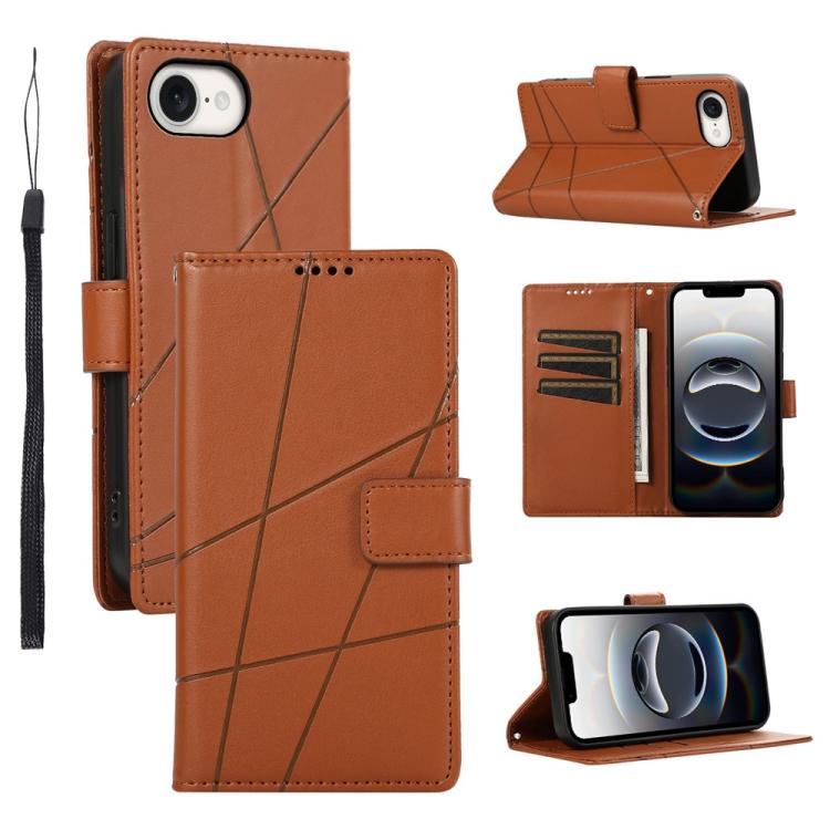 For iPhone 16e PU Genuine Leather Texture Embossed Line Phone Case(Brown)
