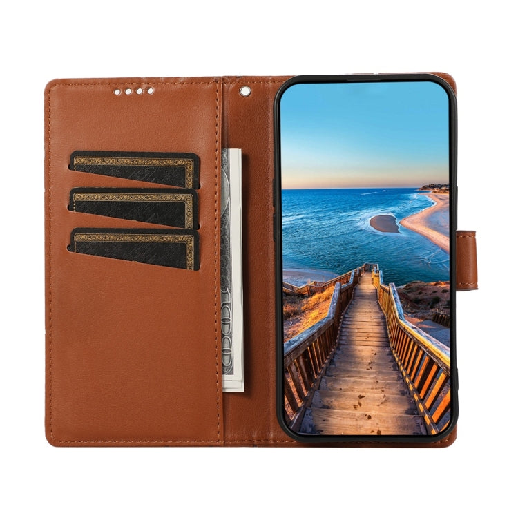 For iPhone 16e PU Genuine Leather Texture Embossed Line Phone Case(Brown)