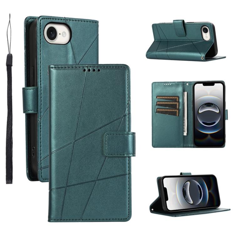 For iPhone 16e PU Genuine Leather Texture Embossed Line Phone Case(Green)