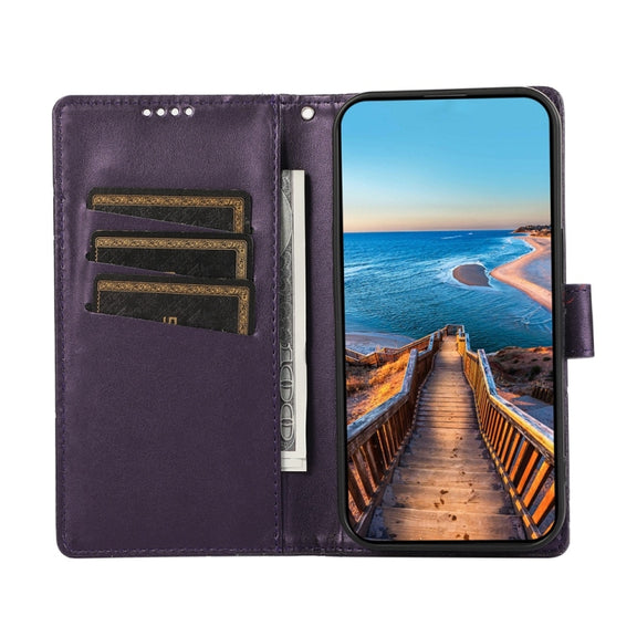 For iPhone 16e PU Genuine Leather Texture Embossed Line Phone Case(Purple)