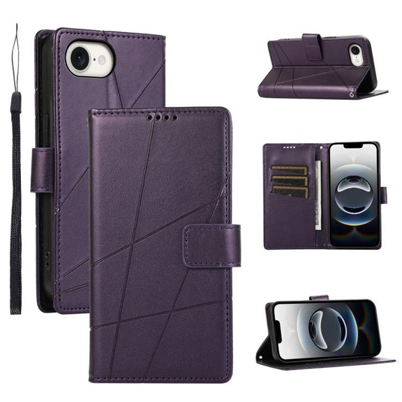 For iPhone 16e PU Genuine Leather Texture Embossed Line Phone Case(Purple)