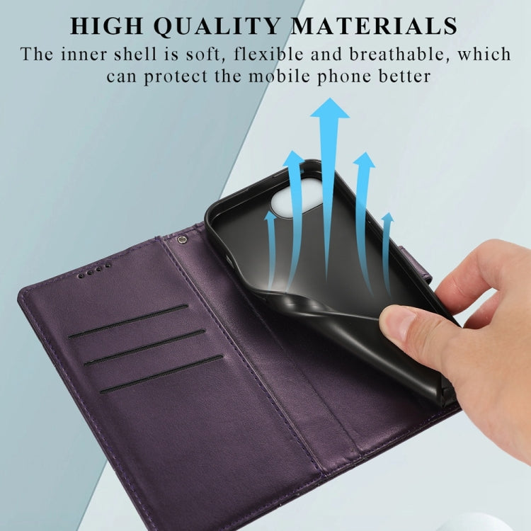 For iPhone 16e PU Genuine Leather Texture Embossed Line Phone Case(Purple)